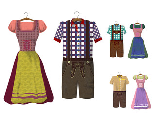 Traditional German (Bavarian) clothing: Lederhosen and Ddle. Octoberfest. Greeting card from Munich. Collection of dresses