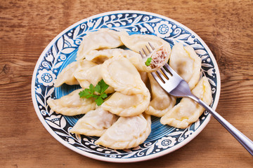 Varenyky, vareniki, pierogi, pyrohy or dumplings, filled with meat (and onion or mushrooms), can be served with sour cream