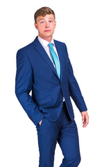 Portrait of happy smiling young businessman, isolated on white background. Business success concept.