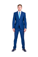 business, people and office concept - happy smiling businessman in blue suit