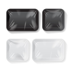 Set of Blank Black and White Styrofoam Plastic Food Tray Container. Vector Mock Up Template