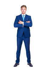business, people and office concept - happy smiling businessman in blue suit
