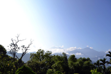 Lush forest and mountains with the color gradation of the sky