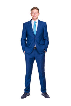 business, people and office concept - happy smiling businessman in blue suit