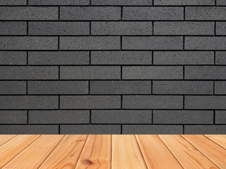 Wooden Shelf And Black brick wall for background. texture for add text. use for product display.