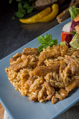 Meat strips in spicy sweet and sour sauce and green salad