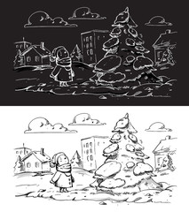 Snowman looking at a christmas tree Vector sketch for invitations, party, Christmas gift cards