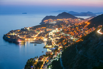 An aerial view of the ancient old town Dubrovnik at sunset in Dalmatia, Croatia.