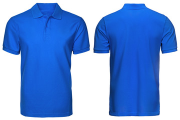 blank blue polo shirt, front and back view, isolated white background. Design polo shirt, template and mockup for print.