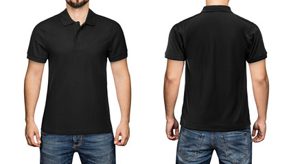 men in blank black polo shirt, front and back view, isolated white background. Design polo shirt, template and mockup for print. - obrazy, fototapety, plakaty