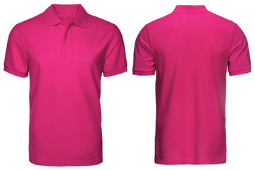 blank pink polo shirt, front and back view, isolated white background. Design polo shirt, template and mockup for print.