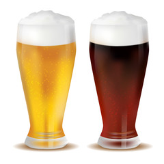 Beer. Light and dark. A realistic mug. Foam drink.