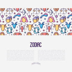 Zodiac signs concept with thin line icons for banner with horoscope, web site or background. Vector illustration.