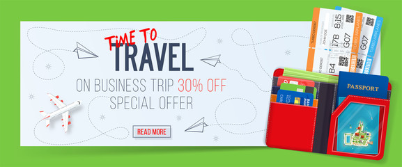 Special offer on business Travel. Business trip banner. Tickets with wallet. Air travel concept. Business travel illustration. 30% off.