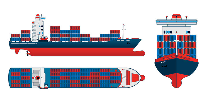 Cargo ship on a white background. Top, side and front view. Container transport in flat style. Vector illustration