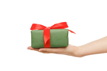 Woman's hands give present box, crop, cut out