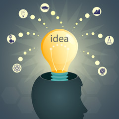 Design with a silhouette of a head and a light bulb, brainstorming,