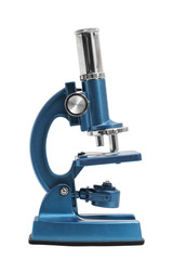 Blue shiny new microscope with three lenses on isolated white background.