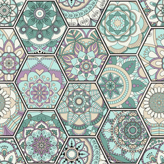Luxury oriental tile seamless pattern. Colorful floral patchwork background. Mandala boho chic style. Rich flower ornament. Hexagon design elements. Portuguese moroccan motif. Unusual flourish print.