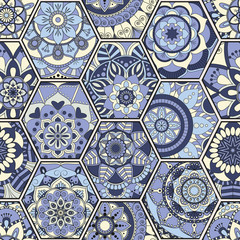 Luxury oriental tile seamless pattern. Colorful floral patchwork background. Mandala boho chic style. Rich flower ornament. Hexagon design elements. Portuguese moroccan motif. Unusual flourish print.
