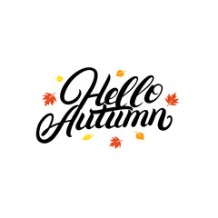 Obraz premium Hello autumn hand written lettering with falling yellow and orange leaves.
