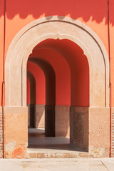 Entry of a red arch corridor in a chinese gate, Jinli Park, Chengdu, Sichuan Province, China