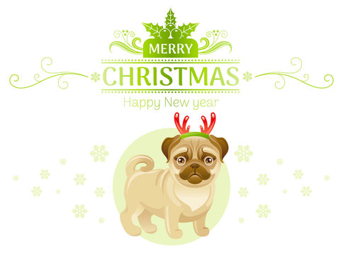 Puppy pug dog in reindeer horns Merry Christmas Happy New Year greeting card, isolated on white background. Cute cartoon pet animal. Holiday template flyer design. Vector illustration