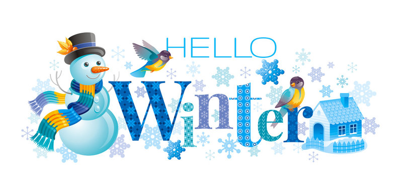 Hello Winter text lettering logo. Vector illustration cristmas and new year symbols, cartoon cute snowman, tit, house.