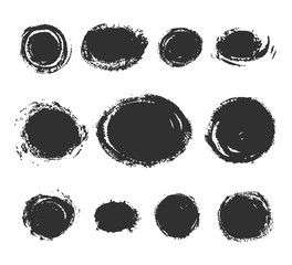 Set of round text box. Black acrylic vector stains isolated on white. Hand drawing of banner, label, frame shape. Black textured design elements.