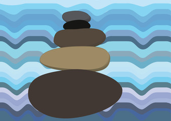 Harmony and balance vector illustration, stone cairn against wavy water, blue tones