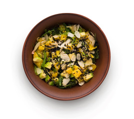 Bowl of original asian salad with fruits and vegetables isolated at white