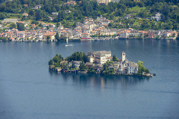 aerial of san Giulio island  and Orta san Giulio village at Orta lake, Italy