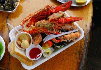 Mixed seafood platter with lobster and langostinos in Scotland