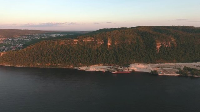 the mountain and wood on the Volga river aerial shooting