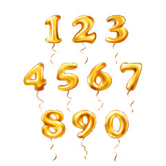 vector Golden number 1, 2, 3, 4, 5, 6, 7, 8, 9, 0 metallic balloon. Party decoration golden balloons. Anniversary sign for happy holiday, celebration, birthday, carnival, new year.