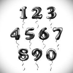 vector black number 1, 2, 3, 4, 5, 6, 7, 8, 9, 0 metallic balloon. Party decoration golden balloons. Anniversary sign for happy holiday, celebration, birthday, carnival, new year.