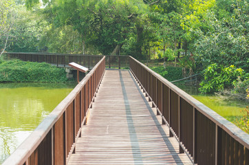 Fototapeta na wymiar Wooden bridge on the lake in the park at Bangklachao, Bangkok, Thailand