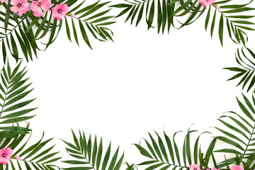 Fototapeta na wymiar Tropical leaves palm tree and pink flowers malva on a white background. Top view, flat lay.