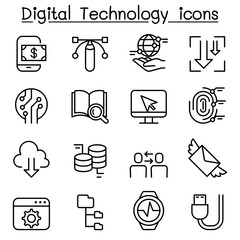 Digital Data Technology icon set in thin line style