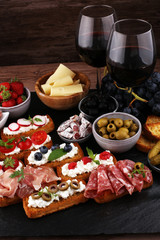 Italian antipasti wine snacks set. Cheese variety, Mediterranean