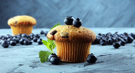 Freshly baked blueberry muffins with fresh blueberries