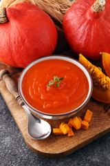Pumpkin soup with fresh autumn hokkaido pumpkins