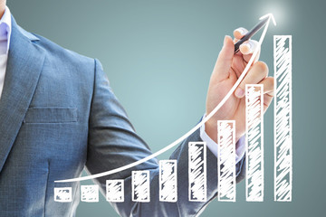 businessman asian genius guide stock exchange use pen black drawing graph red line company Success finance business future white isolated