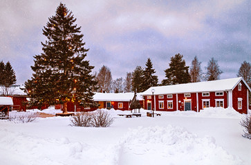 Naklejka premium Snowfall in Church Village of Gammelstad, Lulea; Sweden.