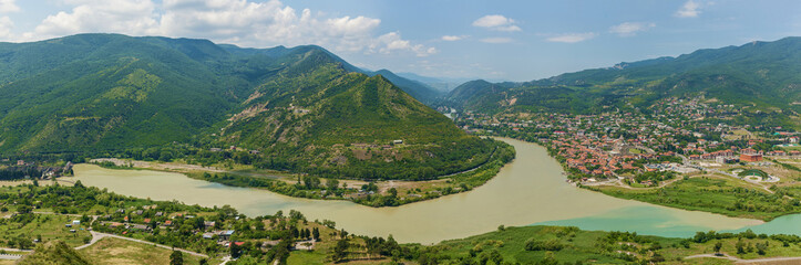 Fototapeta na wymiar View to confluence Aragvi and Mtikvari rivers and town of Mtskheta from Jvari church. Georgia