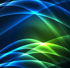 Energy lines, glowing waves in the dark, vector abstract background