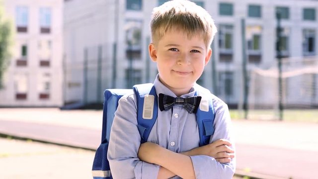 Smiling  schoolboy of an elementary school.  Funny child on the background of school.
