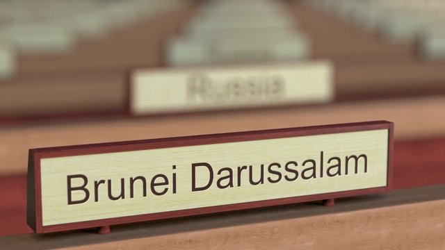 Brunei Darussalam name sign among different countries plaques at international organization. 3D rendering