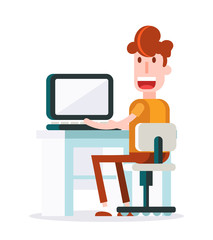 Boy Working with a Laptop . Isolated Flat Vector Illustration