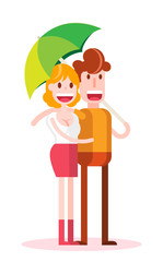 Couple In Love Down an Umbrella  on White Background . Isolated Flat Vector Illustration